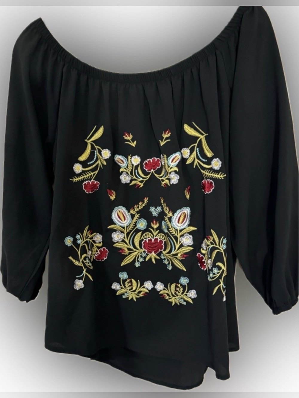 Embroidered Peasant Top Boho Floral Blouse | XXL Fits 2X–3X
